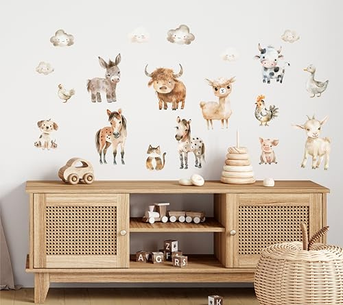 wolga-kreativ Wandtattoo für das Kinderzimmer, Wandsticker selbstklebend – Bauernhof-Tiere Set mit 19 Motiven, Pferd Kuh Esel Huhn