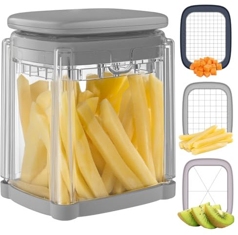Vihoom Cortador de Patatas, Corta Patatas Fritas con 3 Cuchillas de Acero Inoxidable, Corte Rápido Corta Cebolla, Cortador de Verdura Multifuncional para Verduras y Frutas