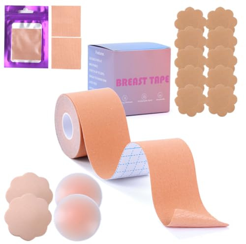 Gkaopi Cinta Adhesiva Pecho,5cm*5m Cinta de Levantamiento de Senos 4 Invisibles Cubre Pezones Reutilizables 10 Cubre Pezones Pétalos de Satén Adecuado Boob Tape para Copa A-G Piel Clara