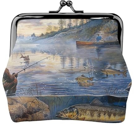 Oudrspo Cartera de Cuero con Cierre de Beso y Estampado de Pescadores del Lago de Pesca para Mujer: Monedero Compacto y Seguro