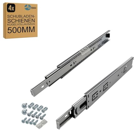 SOTOOLS 2 Paar Vollauszug Schubladenschienen, 500 mm, max. 35 kg, verzinkt | Kugelgelagert, aus Stahl, für Möbelbau, Küche, inkl. Schrauben.