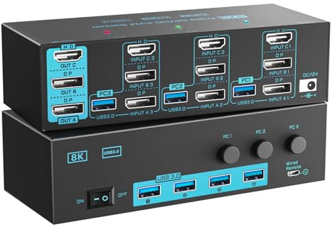 8K/4K KVM Switch 3 PC 3 Monitore Triple Monitor 3 Port 2 Displayport 1.4 and HDMI 2.1 USB 3.0 KVM Switches, DP 1.4 Supports 8K@30Hz/4K@144Hz, HDMI Supports 8K@60Hz /4K@120Hz with Wired Remote