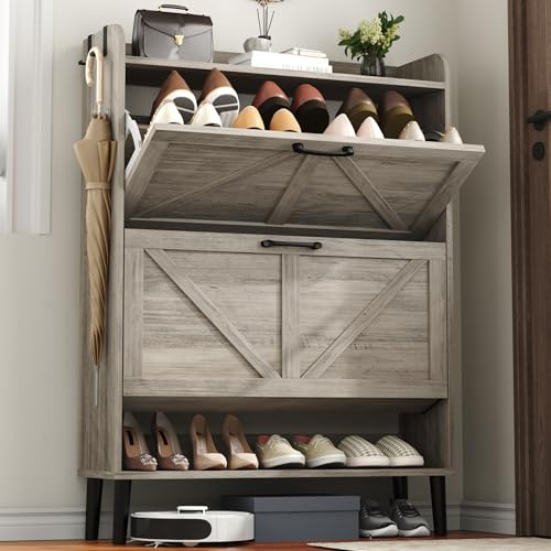 HOME BI Farmhouse Shoe Cabinet with Two Flip Drawers,3-Tier Shoe Storage Organizer with Open Shelf & Top Display,Freestanding Narrow Hidden Shoe Rack for Entryway,Hallway,Living Room,Washed Gray