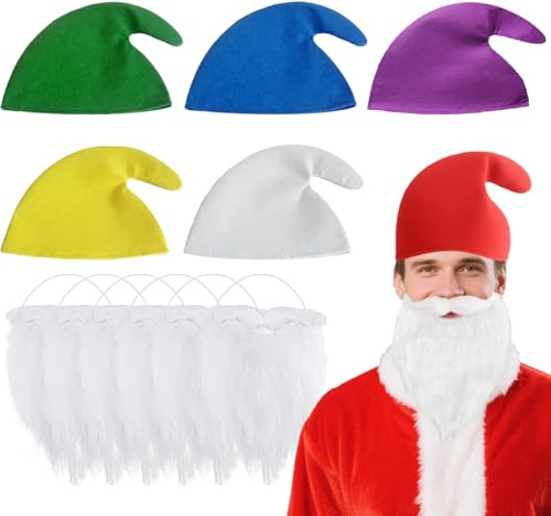 GTJEOI Karneval Zwergenmützen, 6 Stück Bunte Wichtelmützen mit Zwergenbart, Zwergen Zipfelmützen zum Accessoire Erwachsene Gruppen Kostüm, Schlumpfmütze für Karneval Costumeheadwear