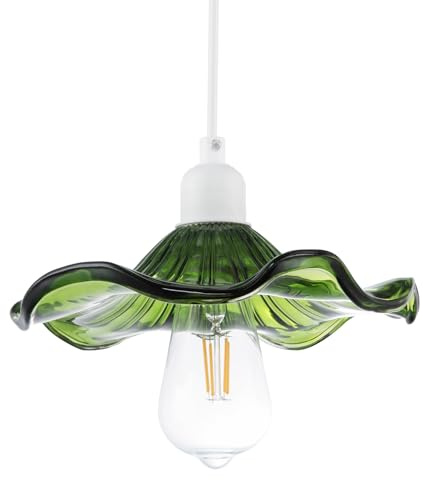 Modern Designer Ribbed Emerald Green Glass Pendant Lighting Shade with Wavy Ruffled Edge | 6cm x 23cm | Chic Curving Etched Lines by Happy Homewares