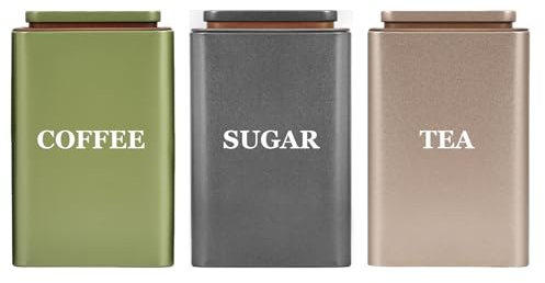 Bayseun Tea Coffee Sugar Canisters, Set of 3 Tea Coffee and Sugar Canisters for Home, Easy Open & Airtight Lids, Tin Caddy, Kitchen Storage Jars, Decorative Stainless Tins, 3 Mixed color