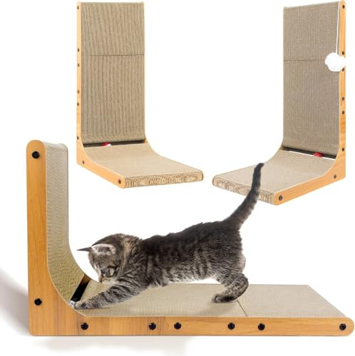 Rascador en forma de L, 68 cm de alto, para gatos de casa, de cartón, con juguete de pelota
