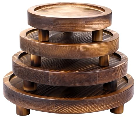HOMIEE 4 Pcs Round Wood Riser Stand，Wooden Display Stand, Multiple Sizes | Solid Wood Material, Elegant Design, Raised Edges, Rustic Countertop Riser Tray for Kitchen, Bathroom, Plants, Candles, Brown