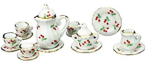 Juego de Tazas de té de Porcelana para casa de muñecas, 15 Piezas, Juego de té en Miniatura 1:12, Taza, Plato, Plato, vajilla con Estampado de Cereza Floral, casa de muñecas en Miniatura