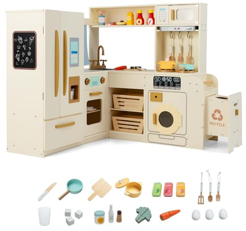 Maxmass Large Kids Corner Kitchen, Wooden Children Role Play Kitchen Set with Lights & Sounds, Fridge, Ice Maker, Trash Can, 22 Accessories, Toddler Pretend Kitchens Toy for 3+ Years Old (Beige)