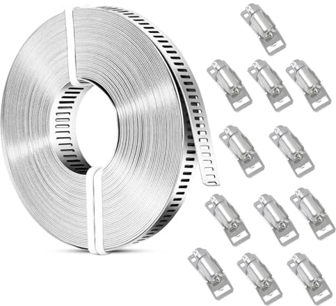 Abrazaderas de manguera grandes ajustables de 10 metros, abrazadera de acero inoxidable con 8 sujetadores, sujetadores de tornillo de metal y correas para tuberías, conductos, postes, tubos