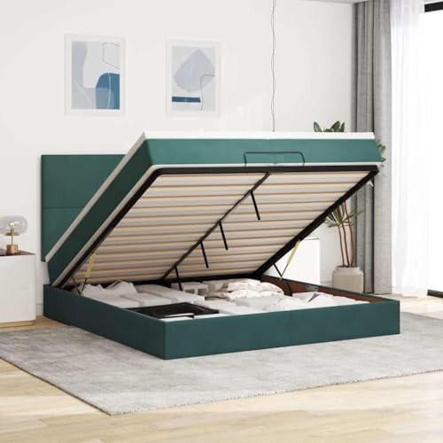 Qnhdfrt Ottomanbett Dunkelgrün 200x200 cm Samt mit Matratzen & Topper Luxuriöse Matratze mit Taschenfedern Großer Stauraum Hydraulik-Mechanismus für Schlafzimmer Gästezimmer Jugendzimmer