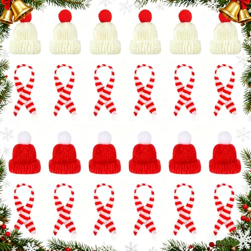 Vasemele 24 Stück Mini Weihnachtsmützen Und Schal Set, Gestrickt mini Nikolausmütze und Schal, Mini Mützen Zum Basteln, Kleine Weihnachtsmützen für Tischdekoration, Party, Dekoration, Geschenk