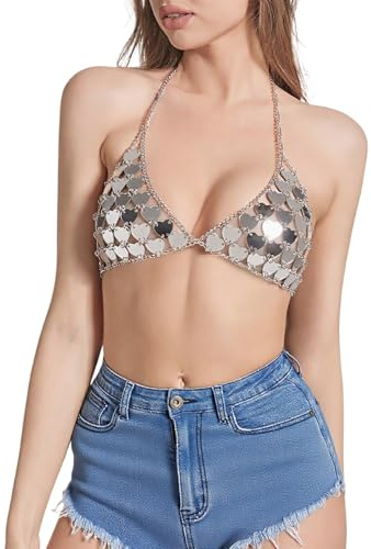 Collana per il corpo, reggiseno da donna, con paillette, con chiusura a collo, schiena scoperta, top estivo, spiaggia, sexy, bikini da donna, senza maniche, senza schiena, elegante, per feste, O
