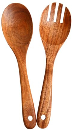 GYCAQAC 2 Piezas Servidores de Ensalada de Madera, 26 cm tenedor y cuchara, pulgadas de madera para servir ensalada, mango largo, para familias, hoteles y restaurantes, utensilios de cocina