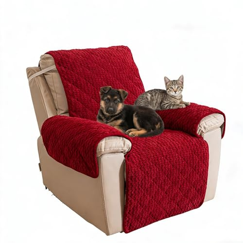 Teakwright Sesselschoner 1 Sitz (63×200cm) Flauschiges Fleece Rutschfester Sesselüberwurf mit Armlehnen, waschbarer Möbelschutz für Relaxsessel Fernsehsessel vor Flecken (Burgund, 63CMX200CM)