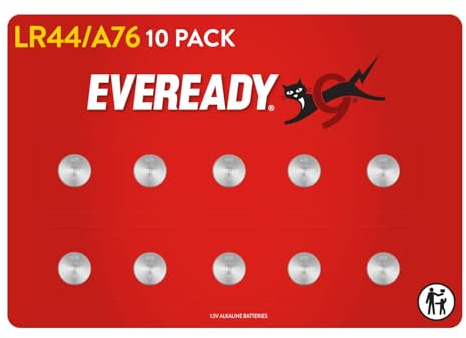 Eveready by Energizer LR44 Batteries (10 Pack) - A76 Button Cell Battery - 1.5V Alkaline - Toys, Watches, TV Remotes, Security Systems, Home & Medical Devices - Child Resistant Packaging