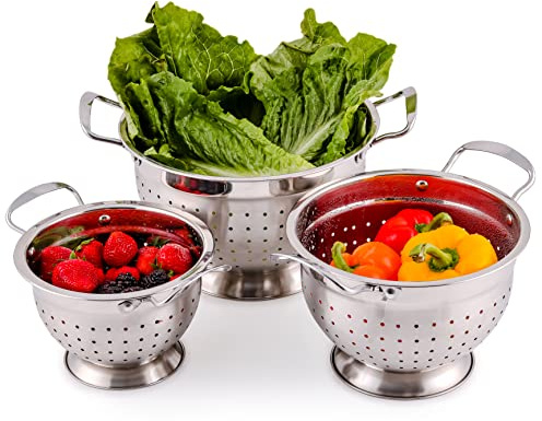 OVENTE Premium Stainless Steel Colander Set of 3 with Comfortable Large Handles, 1.5, 3, 5 Quarts Essential Kitchen Strainer for Draining Spaghetti Pasta, Rinsing Vegetables or Fruits, Silver C46263S