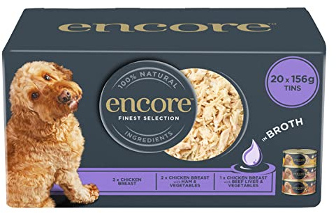 Encore Comida Húmeda Natural Perros Adultos, Selección de Pechuga de Pollo en Caldo - Paquete de 20 latas de 156 g