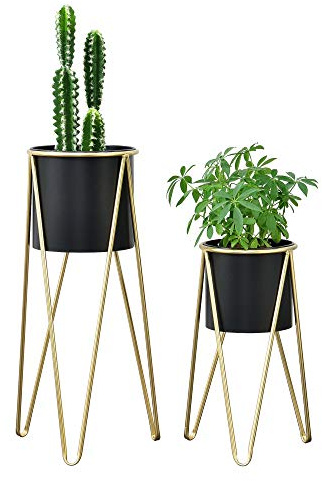 [en.casa] Set de 2 Supports de Plante Cache-Pot Pot de Fleur Bac à Fleurs Vase Pieds Épingles à Cheveux Métal Tailles Différentes Noir Doré