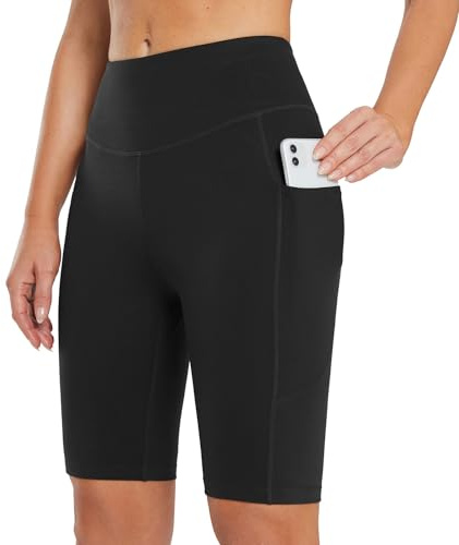 BALEAF Women's 10 Running Sports Shorts Knee Length Gym Leggings High Waisted Yoga Shorts with Pockets Black L