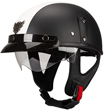 Deutsche Leder Motorrad Halbhelme Retro Halbschalenhelm Jet Helm mit Visier+Brille Schnellverschluss Schnalle für Cruiser Chopper Biker Moped ECE-Zulassung P,S