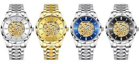 JewelryWe Herrenuhr Automatik Uhr Herren: 4pcs 30m Wasserdicht Automatisch Mechanisch Analog Armbanduhr Männer Leuchtend Skelett Militär Automatikuhr mit Edelstahl Armband und rundem Zifferblatt