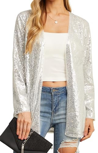 QIXING Women's Cardigans Sequin Sparkle Lightweight Long Sleeve Cardigan Casual Party Clubwear Cover Up Glitter Sequin Jacket(Silver, L)