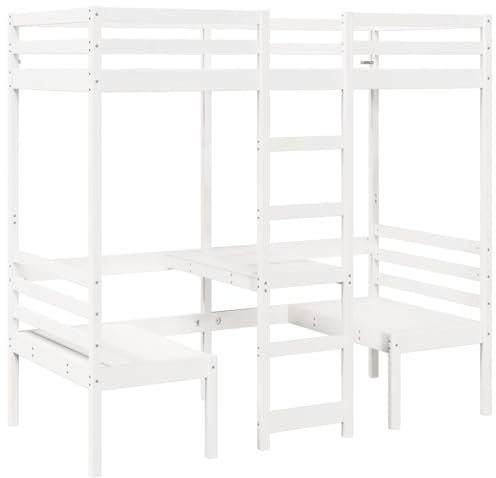 vidaXL Hochbett, Holzbett mit Schreibtisch Stühlen, Bettgestell mit Lattenrost Rausfallschutz, Bett für Kinder Jugendliche Erwachsene, Weiß 75x190cm Massivholz Kiefer