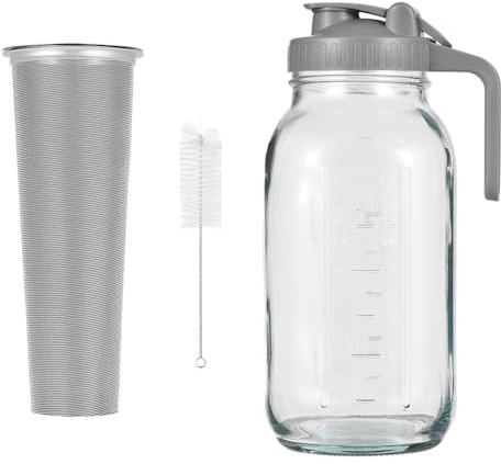 Brocca in vetro con coperchio, bocca larga, a prova di perdite, brocca per acqua, filtro, birra fredda per acqua, succhi, tè al latte, caffè freddo e bevande, 2000 ml, grigio (64 once)