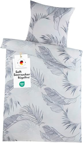 Carpe Sonno Seersucker Bettwäsche 135x200 Mikrofaser [Bügelfrei] | Leicht kühlende Bettwäsche Seersucker 135x200 | Sommer Bettbezug 135 x 200 Blätter Muster | Sommerbettwäsche Floral Grau Blau