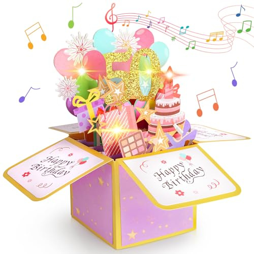 Vicloon Tarjetas de Cumpleaños 3D, Tarjeta de Felicitación de Cumpleaños con Música y Luces, Tarjeta de Felicitación de Cumpleaños para el 50º, Velas LED Apagables, para Amigo, Padres, Niños, Familia