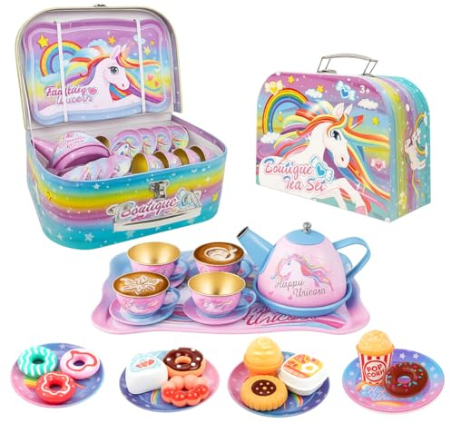 Toyana 27 PCs Kids Unicorn Tea Set in Metal Carry Case, Pretend Play Tea Party Playset, Realistic Teapot, Cups, Plates & Cupcakes Kitchen Accessories, Role Play Gift Toy Set For Children Ages 3+ Year