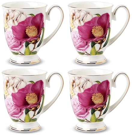 MIATTCLD 11oz/312ml Coffee Mugs Set of 4, Bone China Mug with Floral Pattern, Wide Tea Coffee and Hot Chocolate Cups, Ideal for Gifts
