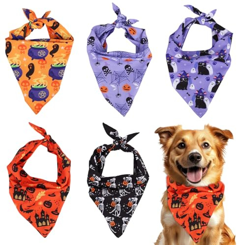 5pcs Halloween Pet Bandanas, Triangle Scarfs for Dogs & Cats Reversible with Ghost Pumpkin Spider Patterns Washable Holiday Bandana for Small Medium Large Pets