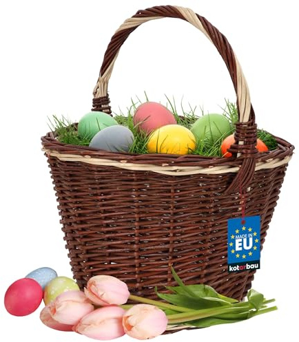 KOTARBAU Shoppingkorg – förvaringskorg – flätad korg – ⌀ 35 cm – svampkorg – korg för frukt – picknickkorg – brun med vita ränder – pilkorg med handtag