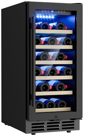 15 Inch Under Counter Wine Fridge, 29 Bottles Wine Cooler Refrigerator with Double-Layer Glass Door, Small Wine Fridge for Built-In or Freestanding with Removable Shelves, for Home, Office (Black)