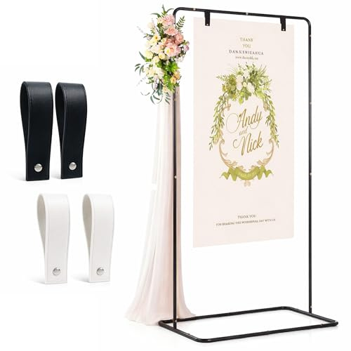 Wedding Welcome Sign Stand: 173 x 80 x 50cm Heavy-Duty Metal Easel Stand | Adjustable Wedding Sign Holder with 4 Leather Straps for Seating Charts Reception Posters and Decor