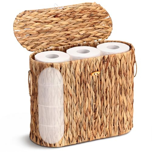 Yiyiring Toilet Paper Storage Basket with Lid Holder Up to 9-12 Mega Rolls Large Water Hyacinth Decorative Toilet Paper Free Standing Woven Organizer for Home Bathroom Kitchen Vanities Home Offices