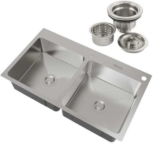 SOLVEX 30 Inch Drop in Double Bowls Kitchen Sink with Nano Coating,30x18 Inch Handmade Stainless Steel Topmount Kitchen Sink ST-7546