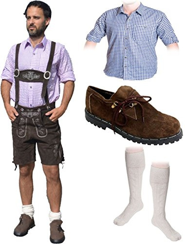 Traditionell kostym för män, set med 5 delar, kostymläderbyxor x kort x mörkbrun 46–60, traditionell skjorta, skor, strumpor, oktoberfest, Mörkbrun, one size