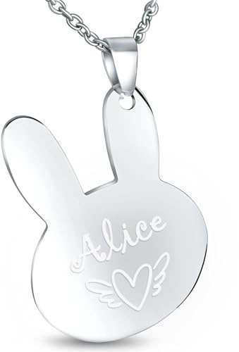 Hanessa Personalisierte Kette mit Gravur Edelstahl 50 cm mit Anhänger Hase Bunny in silber - Personalisierte Halskette für Männer und Frauen - Personalisierter Schmuck Damen Herren