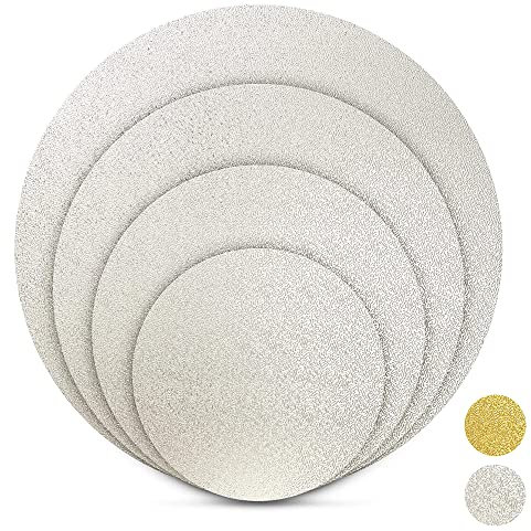BACKHERZ Premium Tortenunterlage rund I 4 er Set - Ø 15 + 20 + 25 + 30 cm I Cakeboard rund Tortenpappe Tortenplatte I 3 mm Dick I Lebensmittelecht I Für Transport und Deko, Silber