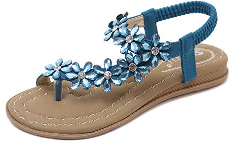 Zoerea Sandali Piatti da Donna da Estate Strass Fiore Bohemia Flip Flop Spiaggia Estivi Scarpe Casual Open Toe Tacco Piatto Stile 2 Blu,39 EU
