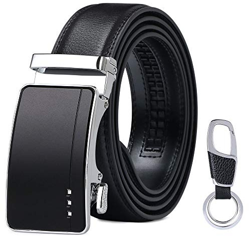 flintronic Cinturón Hombre, Cinturón Ajustable de Cuero, Cinturón de Trinquete de Cuero 130CM, con Hebilla Automática (Incluye Llavero y Caja de Regalo)