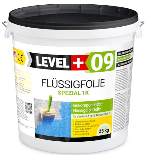 Level + 09 Flüssigfolie Spezial für Balkon, Terrasse, Bad & Dusche | Dichtfolie unter Fliesen auf Beton, Putz & Estrich – Flüssigabdichtung, Wasserdicht, Frostbeständig & Gebrauchsfertig – 25 kg