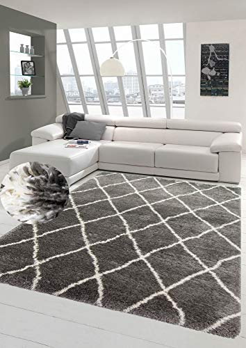 Teppich Shaggy Langflor Hochflor Teppich Rautenmuster in grau Creme Größe 120x160 cm