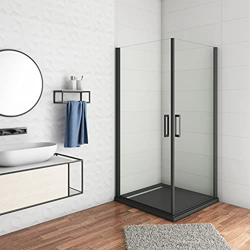Box doccia angolare doppie porte apertura a battente vetro trasparente anticalcare 8mm profilo nero opaco doccia a filo pavimento 90x90x200cm