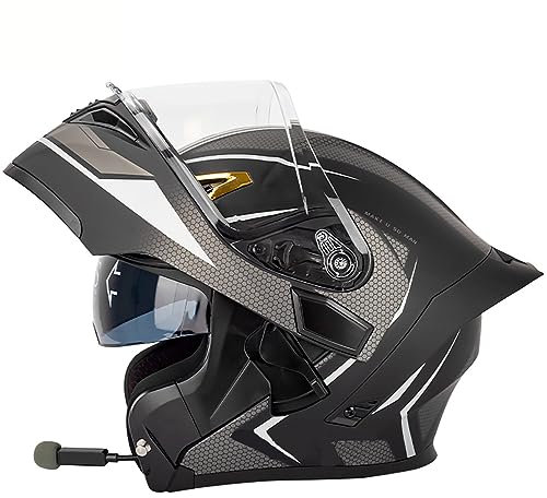 Motorrad Integrierter Bluetooth-Helm, Sturzhelm Anti-Fog-Doppelspiegel, Klapphelm Geschlossenen ECE-geprüft, Integralhelm Funk Sprechanlage Hartes für Damen Herren 55-64CM