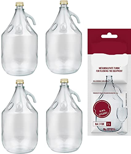lilawelt24 4 x 5L Flasche mit Schraubverschluß + Schwefelpulver GLASBALLON Weinballon GÄRBALLON GLASFLASCHE Flasche Gallone Leere Glasflasche zum Befüllen